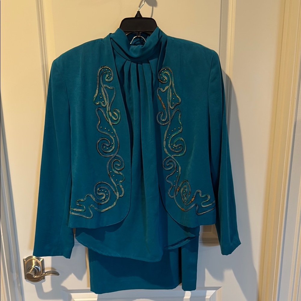 Elegant Teal Embellished Jacket and Skirt Set